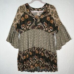 Easel Los Angeles Boho Mixed Print Floral Tunic Top Bell Sleeve Babydoll M Olive